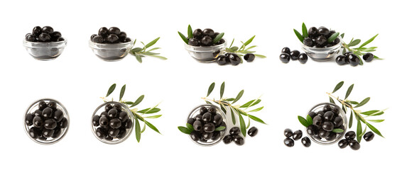 Tasty black olives isolated on white background. Olive and olive tree branches on a white table. Delicacy. - obrazy, fototapety, plakaty