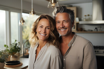 a happy couple in their forties pose in their kitchen