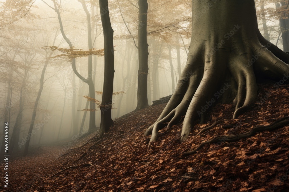 Poster a picture of a majestic tree with its roots visible above the ground. perfect for nature-themed desi