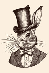 Portrait of a rabbit hare in a suit with a bow tie and a top hat on his head. Drawing stylized as a vintage engraving.