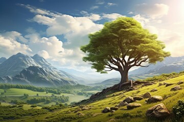 A picture capturing the serene beauty of a lone tree standing on a grassy hill with majestic mountains in the background. This image can be used to depict tranquility and solitude in nature.