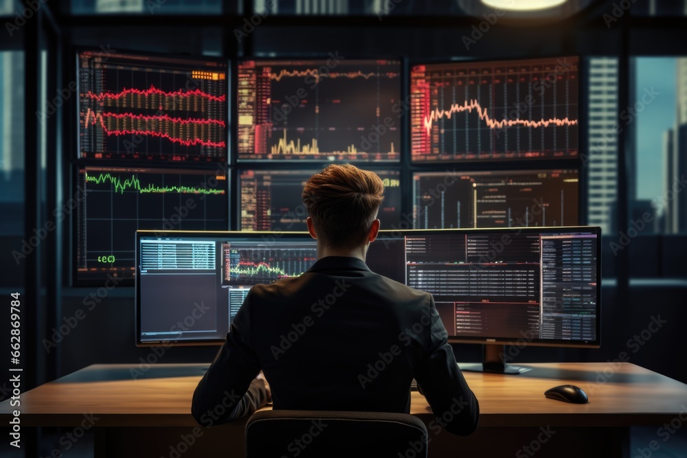 Aufkleber A man is seen sitting at a desk with two monitors. This image can be used to depict a professional working environment or a modern office setup.