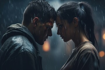 A picture of a man and a woman standing together in the rain. 