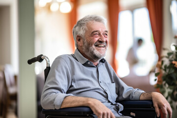 homme âgé aux cheveux blancs assise dans un fauteuil roulant, souriant et heureux - obrazy, fototapety, plakaty