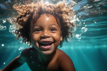  joyful preschool-aged African American boy, happily swimming underwater - obrazy, fototapety, plakaty