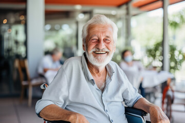 homme âgé aux cheveux blancs assise dans un fauteuil roulant, souriant et heureux - obrazy, fototapety, plakaty