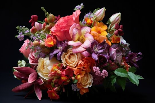 A beautiful bouquet of flowers arranged on a sleek black background. This image can be used for various purposes, such as greeting cards, floral designs, or interior decor inspiration.