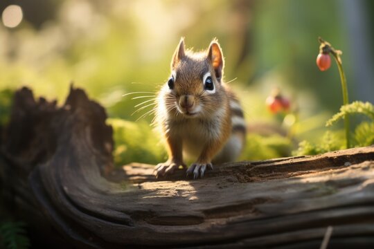 A small squirrel perched on top of a log. This image can be used to depict wildlife, nature, or forest themes.