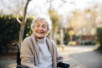 femme âgée aux cheveux blancs assise dans un fauteuil roulant, souriante et heureuse 