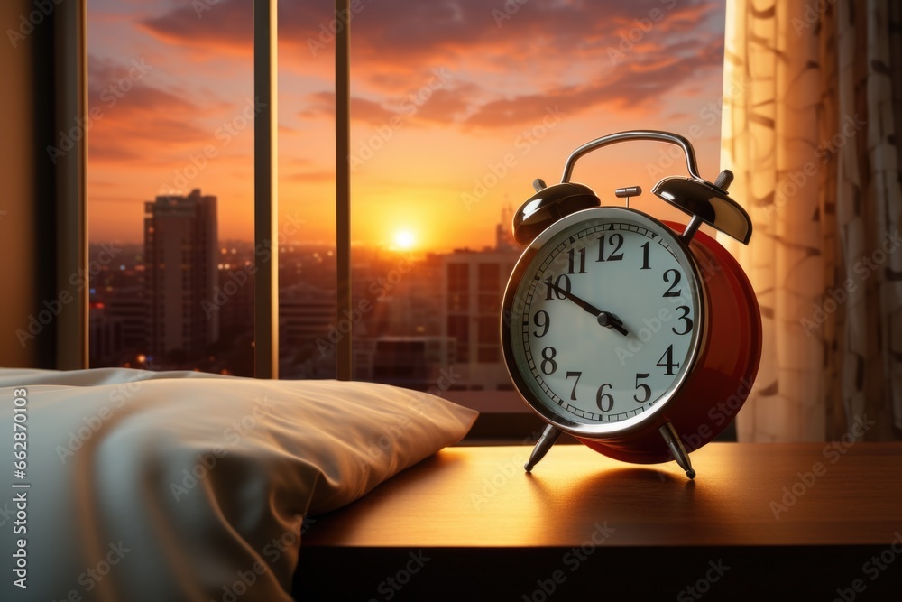 Poster a red alarm clock sitting on top of a wooden table. perfect for illustrating time management and dea