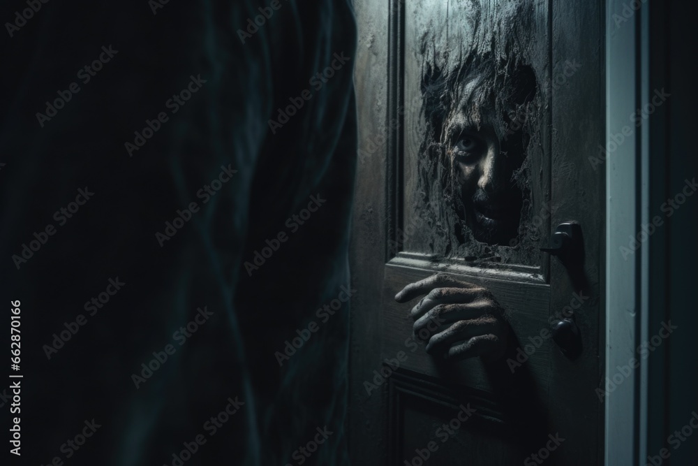 Poster a person standing in front of a door in a dark room. this image can be used to depict mystery, antic