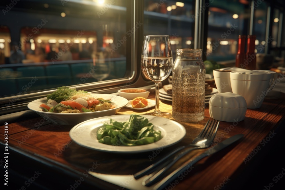Poster a picture of a table with plates of food and a glass of wine. perfect for showcasing delicious meals