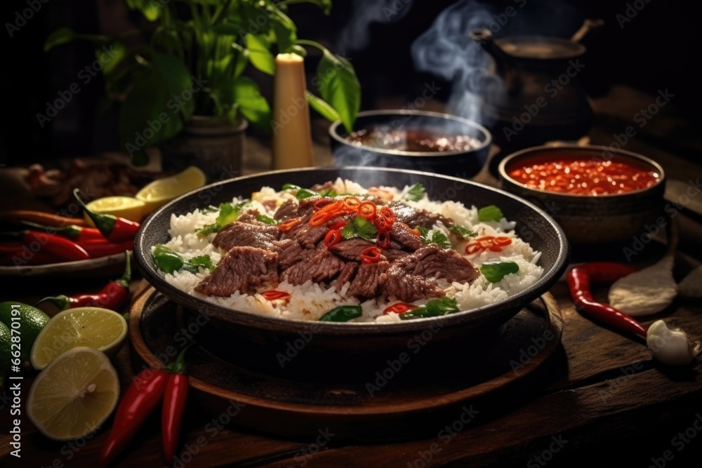 Poster a bowl of rice with meat and vegetables on a table. this versatile image can be used to depict a del
