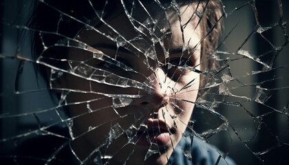 Young adult woman looking at camera through wet window glass generated by AI