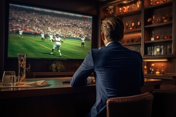 A man sitting at a bar, engrossed in watching a football game on TV.  - obrazy, fototapety, plakaty