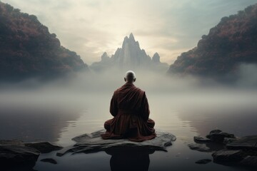 A serene image of a monk sitting on a rock in front of a peaceful body of water. This picture can be used to depict tranquility, meditation, spirituality, or nature. - obrazy, fototapety, plakaty