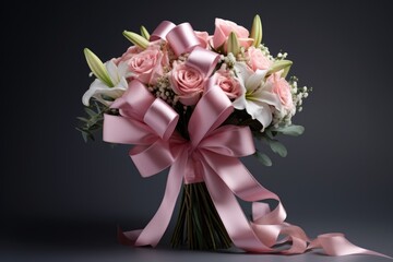 A beautiful bouquet of pink and white flowers adorned with a pink ribbon. Perfect for any occasion or as a gift.
