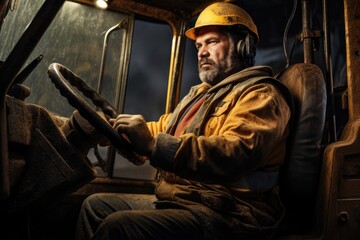 Fototapeta na wymiar A man wearing a hard hat is sitting at the wheel of a truck. This image can be used to depict transportation, construction, or industrial themes.