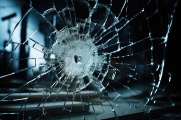 A broken glass window with a hole in it. This image can be used to depict vandalism, break-ins, or accidents involving windows.
