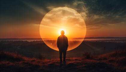 One person standing in tranquil mountain landscape, back lit by sun generated by AI