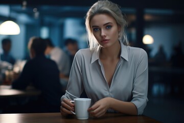 A woman sitting at a table, holding a cup of coffee. This picture can be used to depict relaxation, morning routine, or coffee breaks.