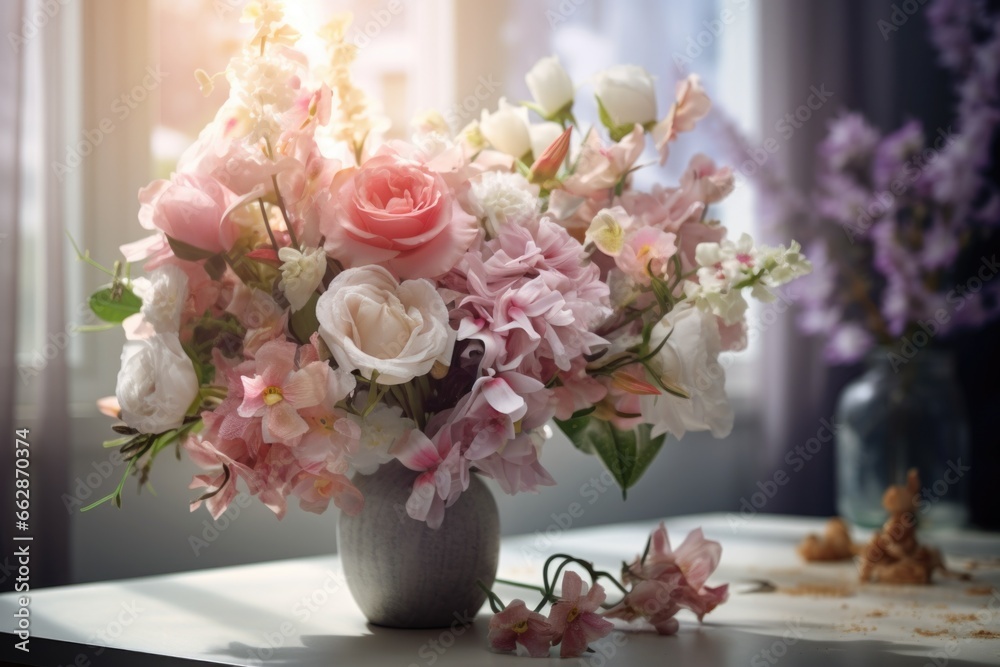 Poster a vase filled with pink and white flowers. this image can be used to add a touch of elegance and bea