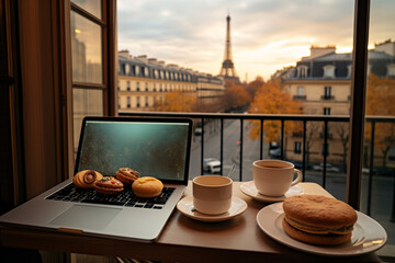 A laptop, a cup of coffee and French desserts on a table in a Parisian hotel. AI generated.