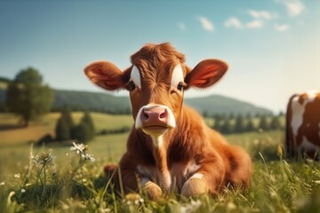 A brown and white cow peacefully resting in a lush green field. Suitable for agricultural and countryside themes - Powered by Adobe