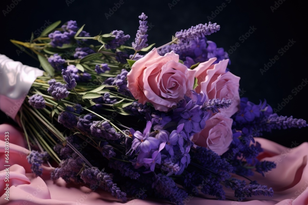 Poster a bunch of flowers sitting on top of a pink cloth. this image can be used for various occasions and 