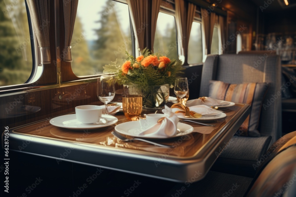 Poster A table with neatly arranged place settings in a train car. Perfect for illustrating dining on a train or showcasing elegant table arrangements.
