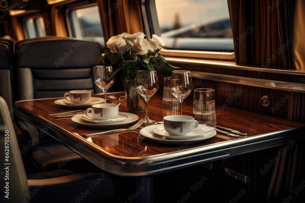 Poster A picture of a table set for two on a train. Perfect for illustrating a romantic dinner or a dining experience on a train journey