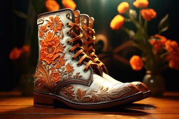 A close-up view of a pair of boots placed on a table. This image can be used to depict fashion, footwear, or a cozy lifestyle scene