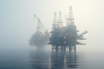 An oil rig stands tall in the middle of the ocean on a foggy day. This image can be used to depict offshore drilling, energy production, or the industrial sector