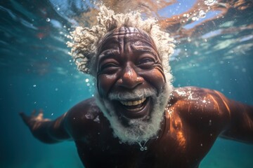 silver-haired, dark-skinned African American man, with a white beard, submerged underwater