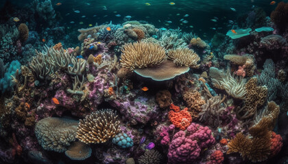 Colorful aquatic animal colony thrives in vibrant reef landscape below generated by AI