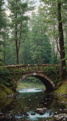 Stone bridge over a river in the forest. Generative AI