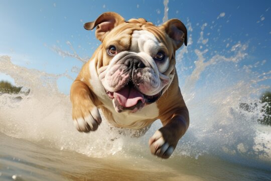 A brown and white dog skillfully rides a wave on top of a surfboard. This image can be used to depict a fun and adventurous summer activity