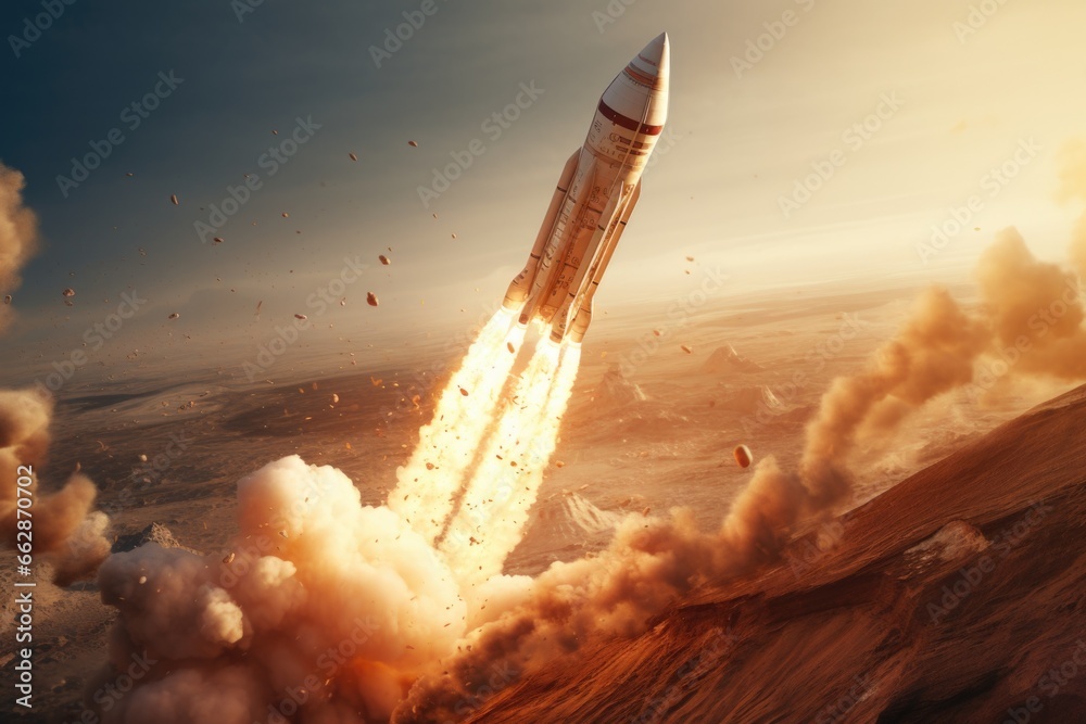 Poster a powerful rocket taking off from a desert area. perfect for illustrating space exploration, technol