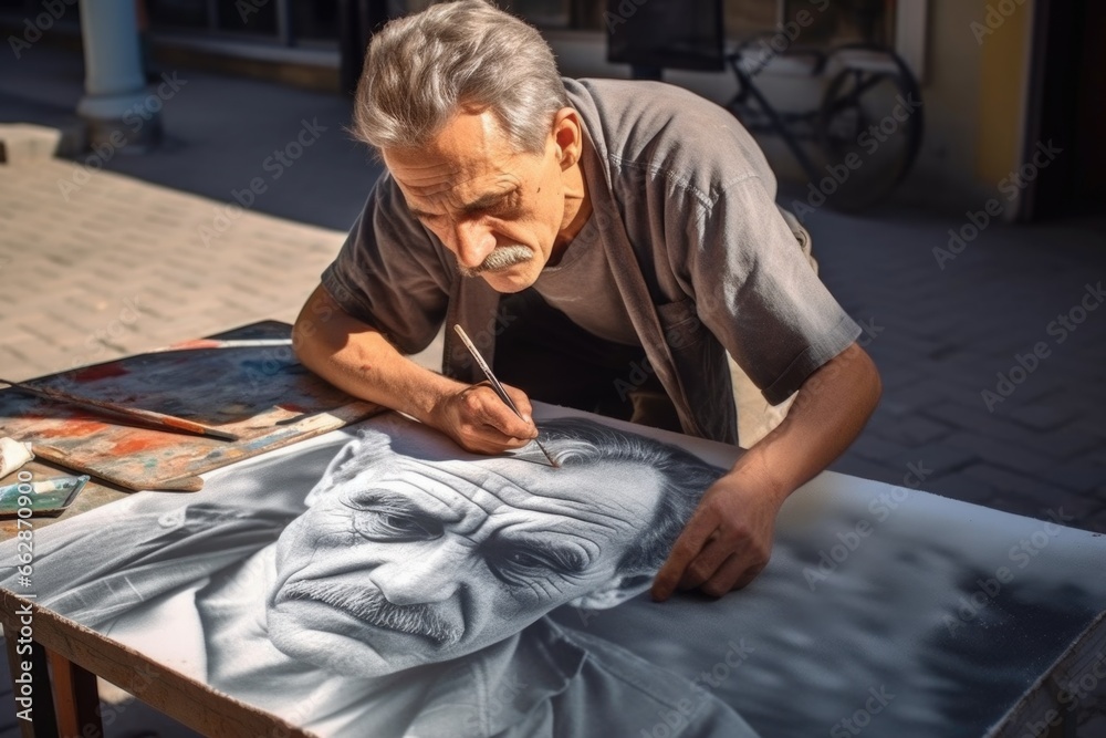 Poster A man is shown in the process of drawing a picture of another man. This image can be used to illustrate creativity, art, drawing, and artistic expression