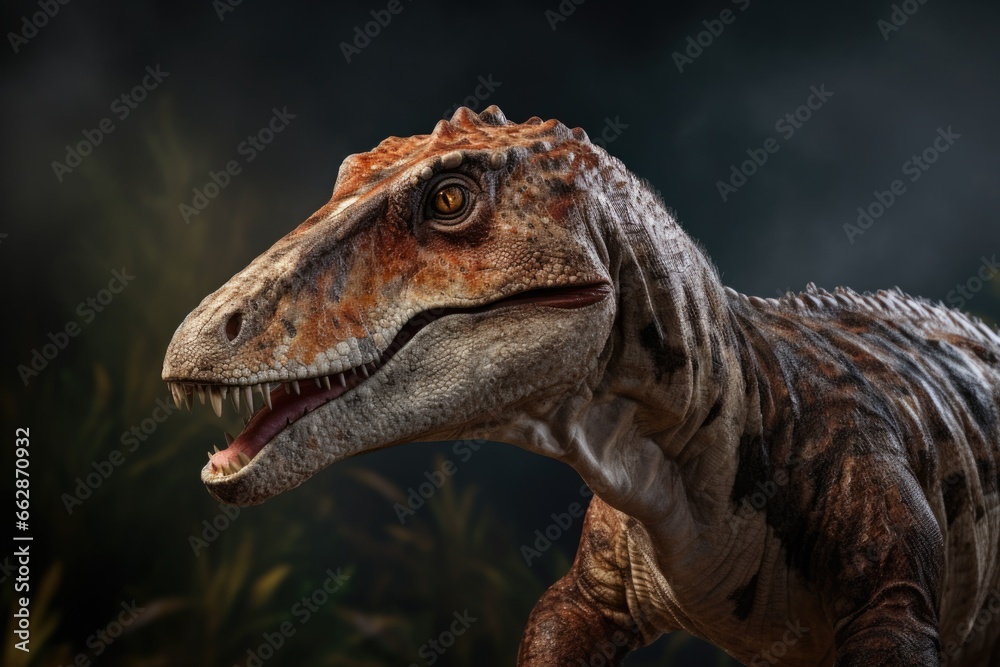 Poster a detailed close-up image of a dinosaur with its mouth wide open.