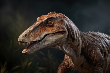A detailed close-up image of a dinosaur with its mouth wide open. 