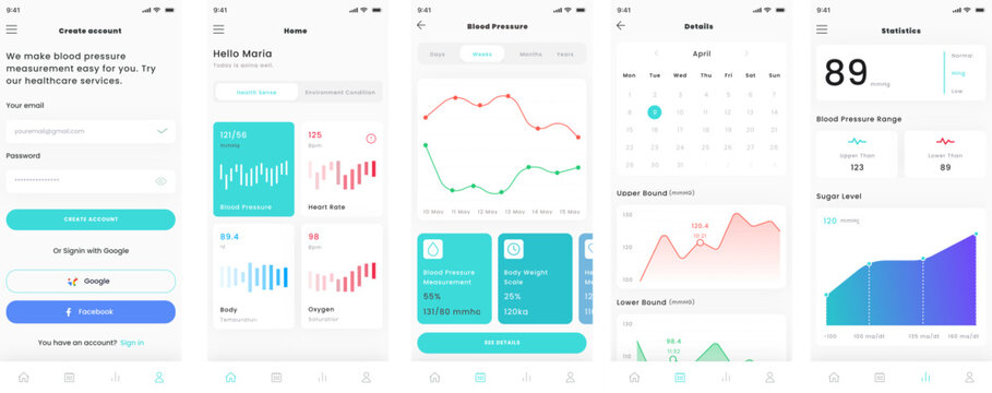 Blood Pressure Measurement and Healthcare Check and Test Mobile App UI Kit Template