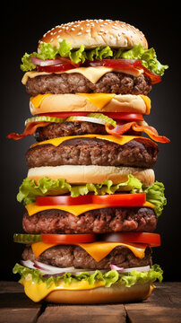 Naklejki Huge tall stacked burger with cheese, tomatoes and lettuce.
