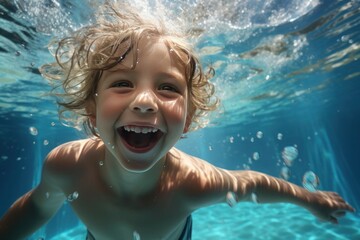 young child swimming underwater in a pool, surrounded by playful air bubbles
