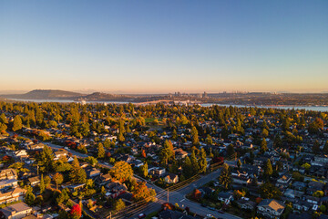 Aerial view of Central Lonsdale and Grand Boulevard with Mt. Baker in the distance, North Vancouver, BC Canada