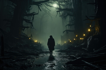 Dark forest with spooky man walking on a path. Generative Ai. - Powered by Adobe