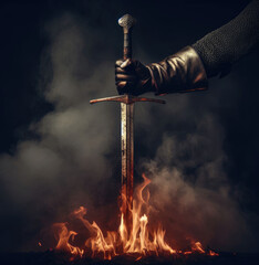 The Peacemaker's Blade: God's Sword of Love. Flaming golden royal knight and sword. dark background. flames, embers, smoke, mist, fog.  - obrazy, fototapety, plakaty