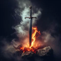 Fotobehang Faith's Edge: Sword of the Spirit. Sword in flames. Flaming and burning fantasy medieval sword. Dark background. © ana