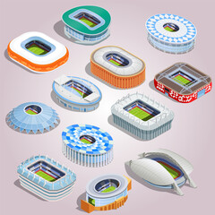 stadium isometric set sport stadium arena buildings set. architecture for public team sports game competition event - obrazy, fototapety, plakaty