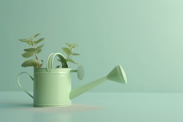 Green watering can with money coins and plant on pastel background. Concept of financial success, growth, and saving money. Generative AI